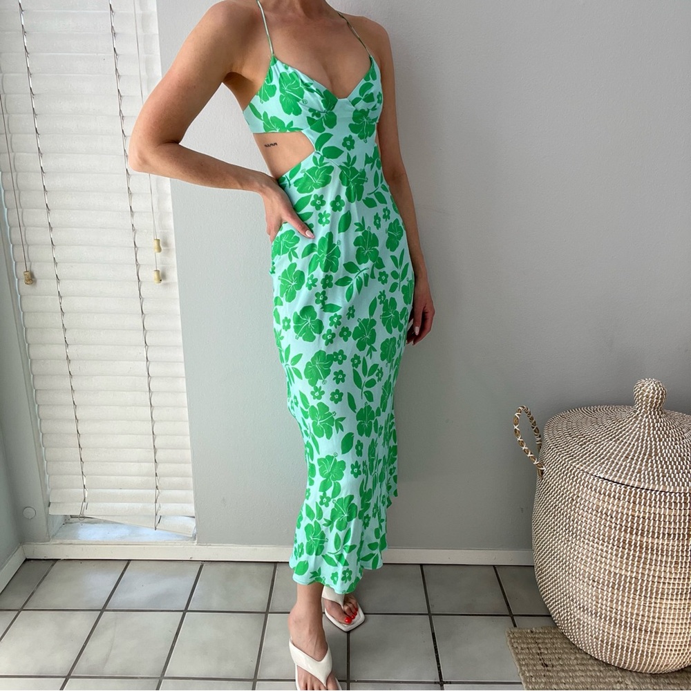 ZARA Silky Satin Floral Midi green blue Dress XS